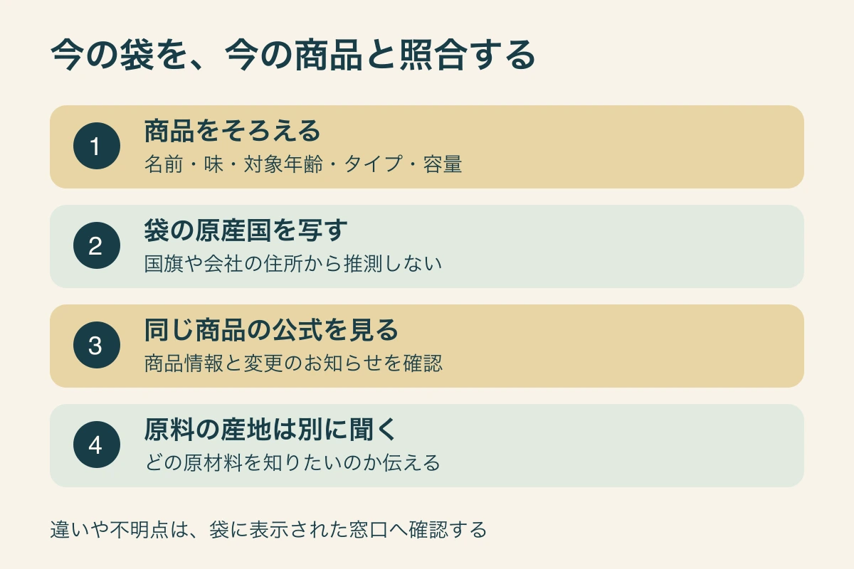 商品名とタイプをそろえる、袋の原産国を写す、同じ商品の公式と照合する、原材料の産地は別に確認する、という4段階の確認図