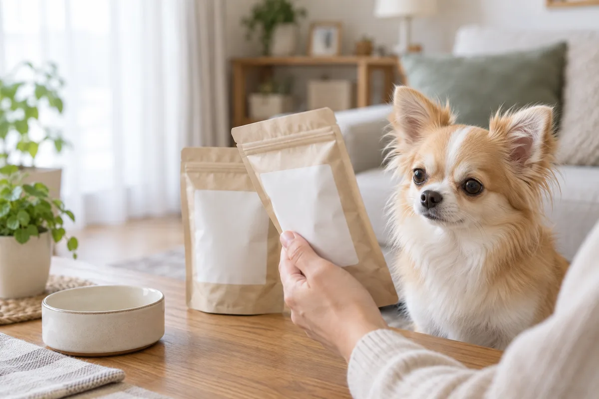 飼い主が袋を手に取り、そばで待つフォーンと白のロングコートチワワ