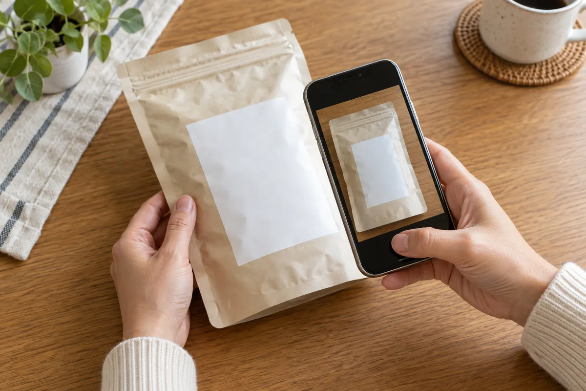 袋の裏面をスマートフォンで撮影して記録する手元