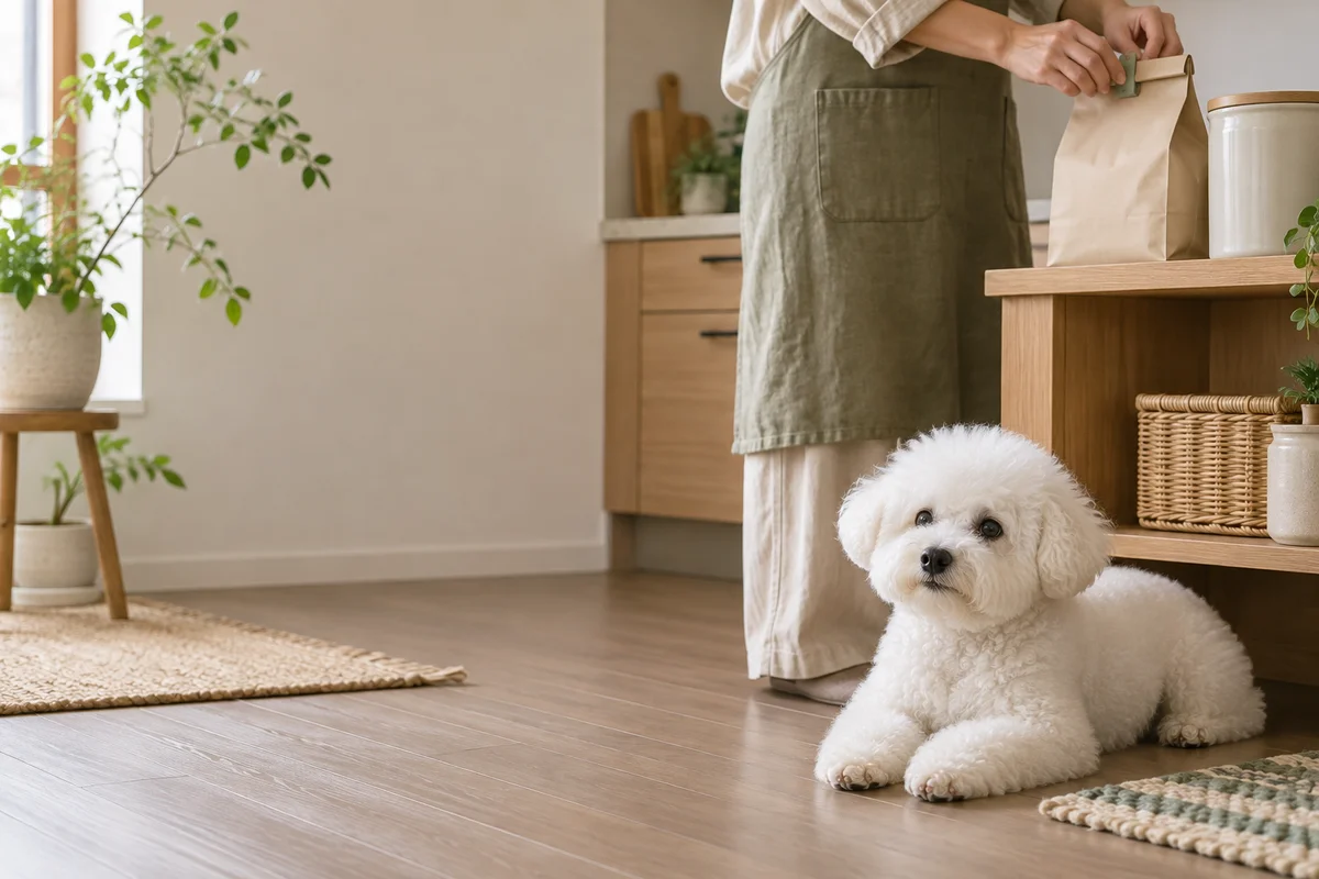 無地のフード袋の口をクリップで閉じる飼い主と、キッチンの床で伏せて待つ白いビション・フリーゼ