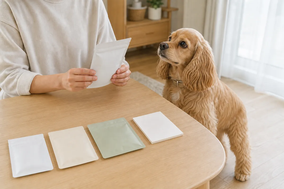 テーブルに並んだ小分けのドッグフードのパックとメモを見比べる飼い主と、隣から見上げるバフ色のアメリカン・コッカー・スパニエル