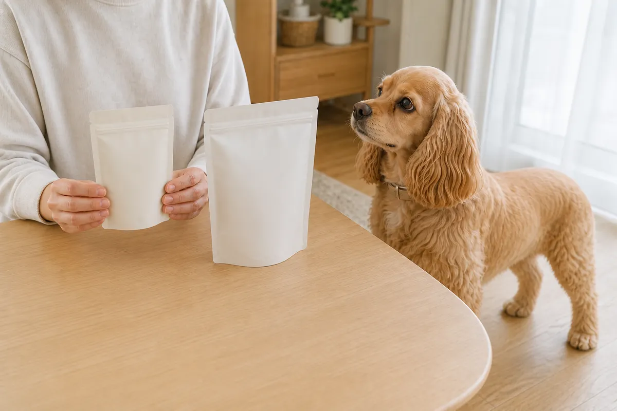 大小2サイズの無地のフード袋をテーブルに並べ、小さいほうを手に取る飼い主と、テーブルの脇に立って見上げるバフ色のアメリカン・コッカー・スパニエル