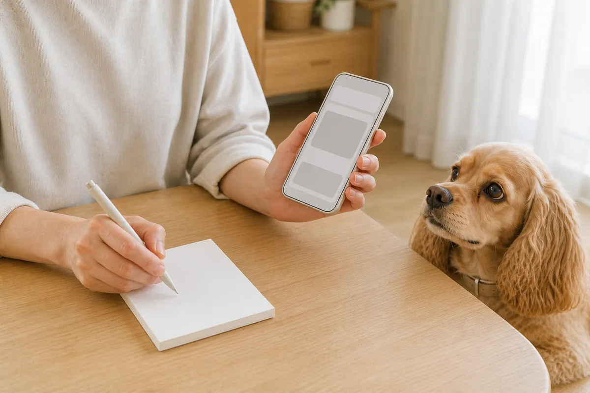スマートフォンとメモ帳を見比べる飼い主の手元と、テーブル脇から静かに顔をのぞかせるバフ色のアメリカン・コッカー・スパニエル