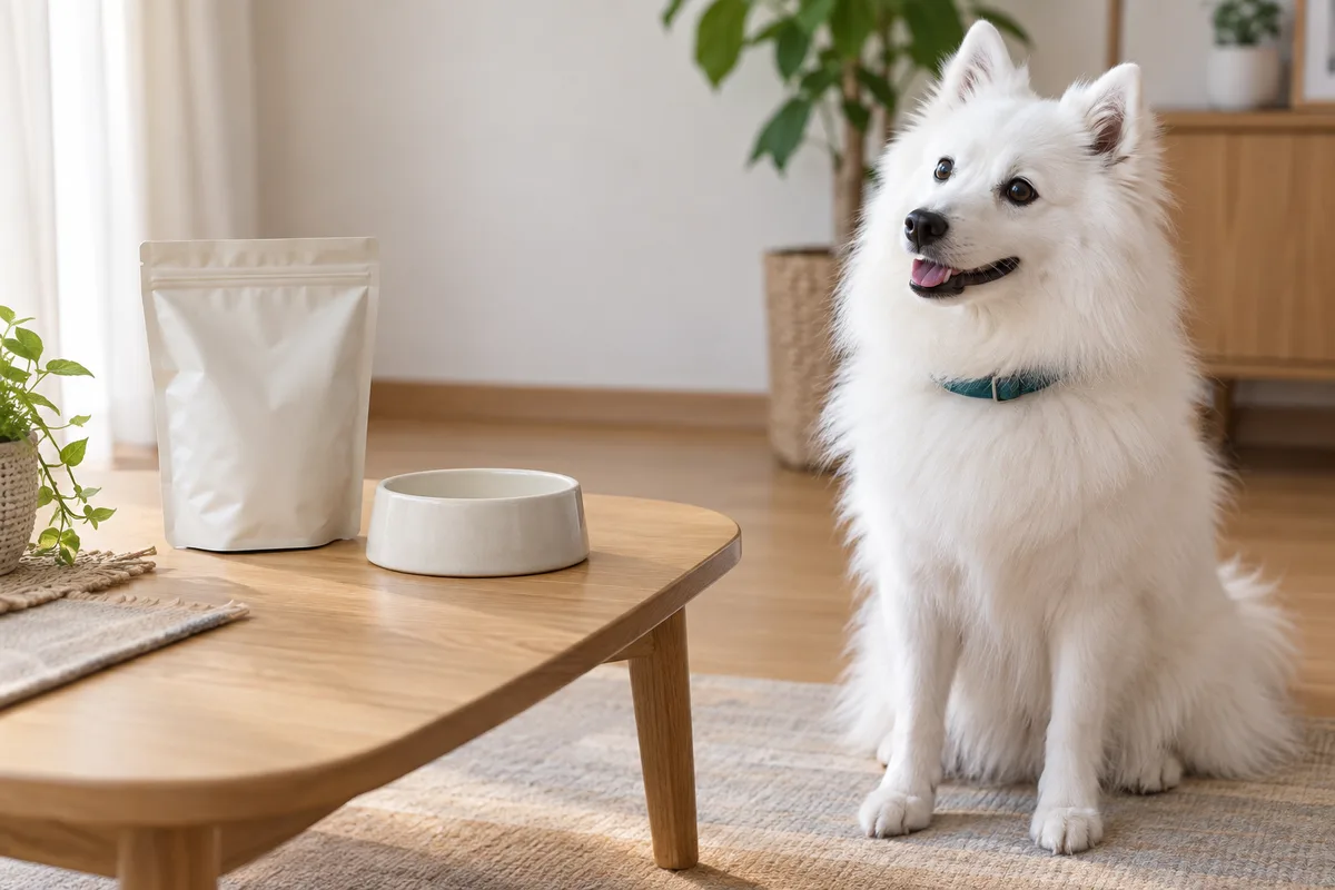 フードの袋と白い食器を置いた低いテーブルの横で、青緑色の首輪をした日本スピッツが座っている