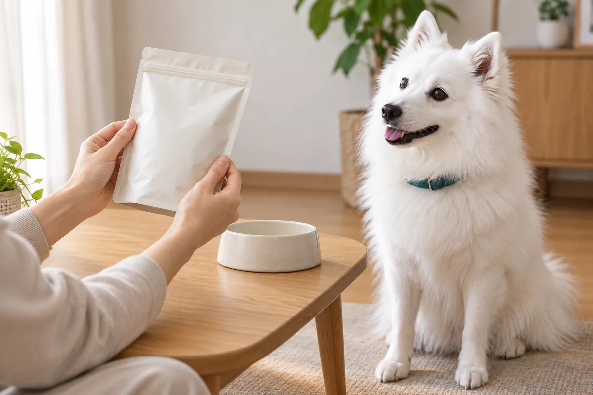 飼い主が両手でフード袋の裏面を確かめ、横で日本スピッツが待っている