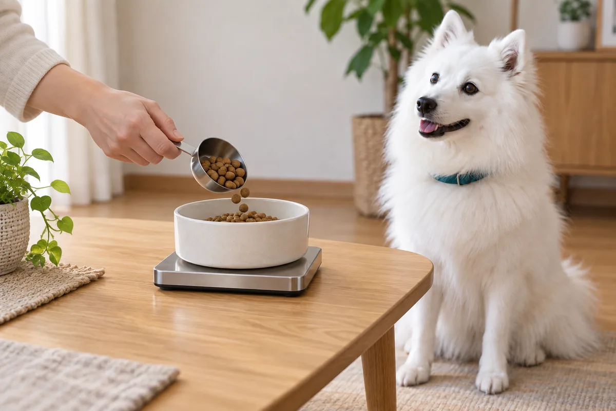 はかりに載せた白い食器へ飼い主がドライフードを入れ、日本スピッツが待っている