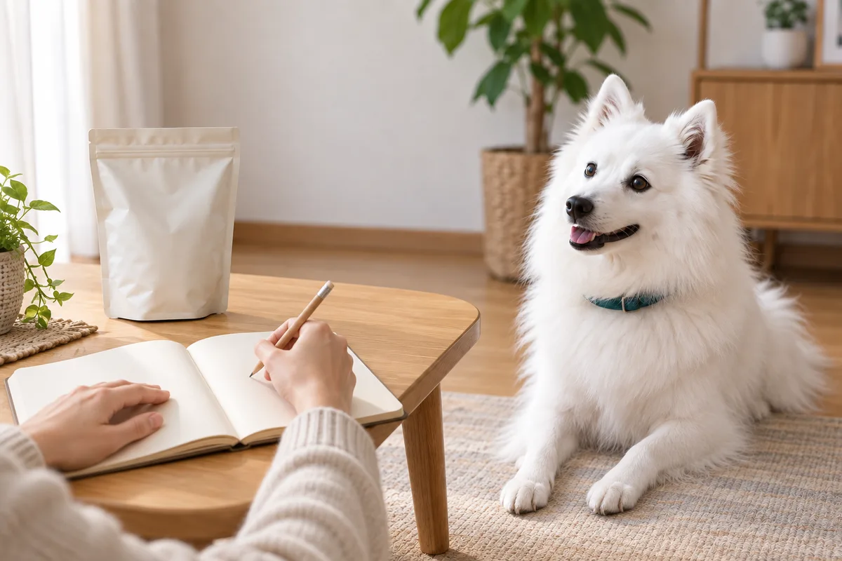 フード袋のそばで飼い主がノートと鉛筆を用意し、日本スピッツが床で伏せている