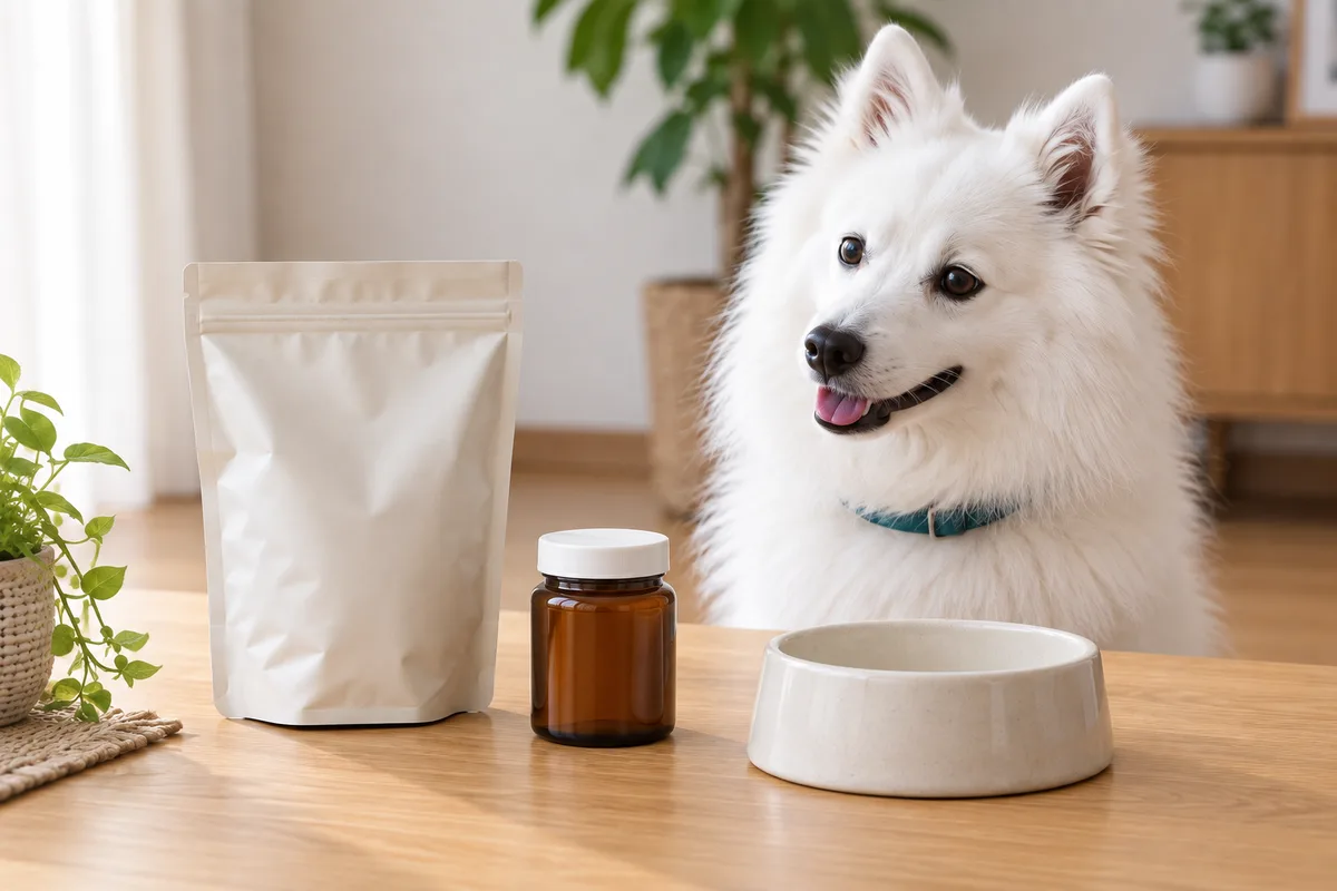 フードの袋と蓋を閉じた小さな容器、白い食器が並び、奥から日本スピッツが見ている