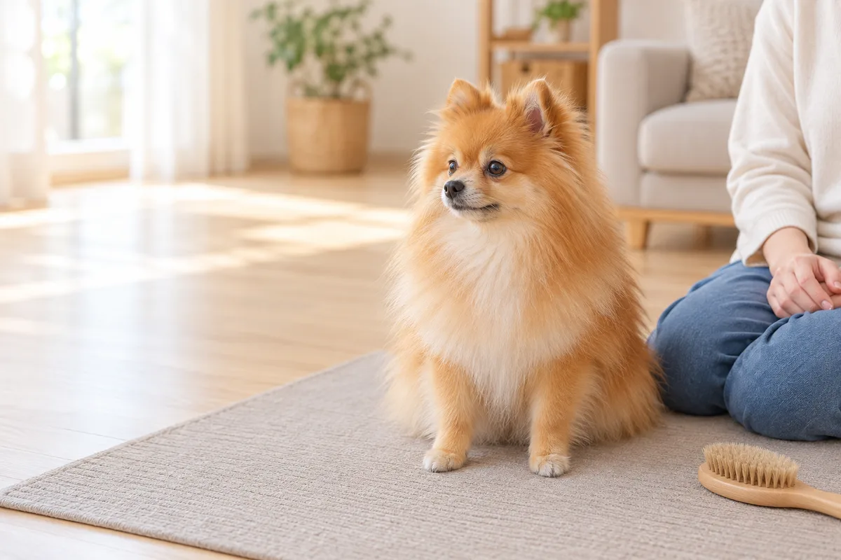 マットに座るポメラニアンと、手を膝に置いて待つ飼い主、離れた位置のブラシ