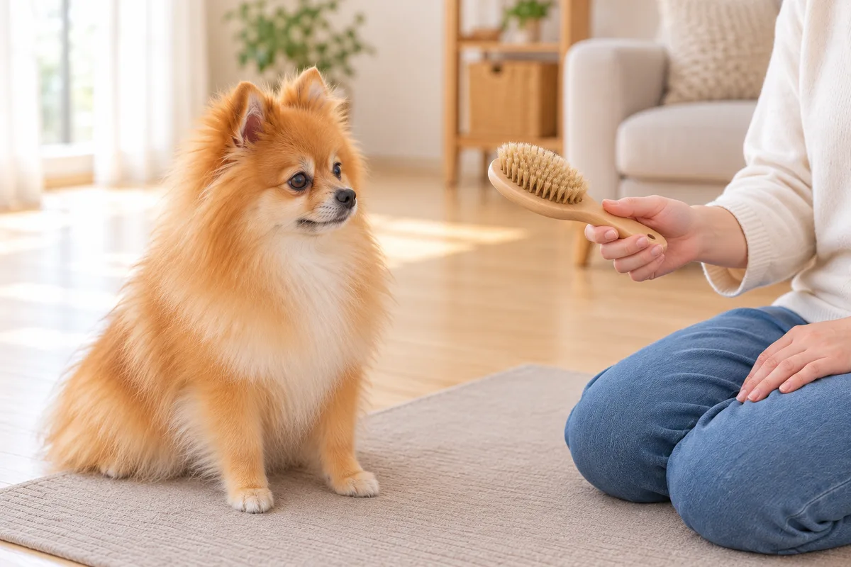 犬から距離を空けた位置で木製ブラシを持ち、犬が見るのを待つ様子