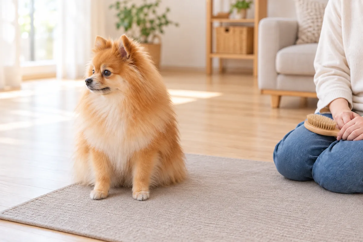横を向いた犬から手を離し、ブラシを飼い主の膝へ戻している様子