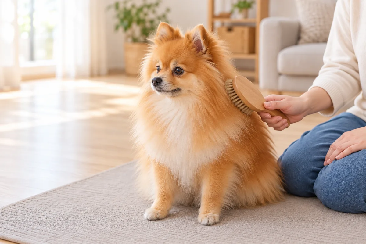 犬の肩の毛へブラシを軽く当て、もう一方の手は飼い主の膝に置いている様子
