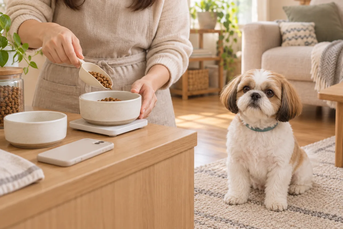 フードの器をスケールに置いて準備する飼い主と、そばで待つシーズー