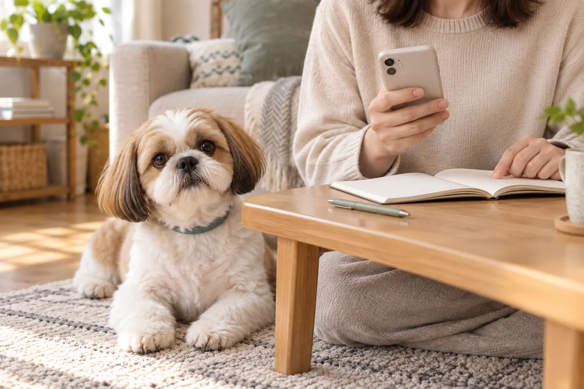そばで休むシーズーを見ながら、ノートとスマートフォンを確認する飼い主