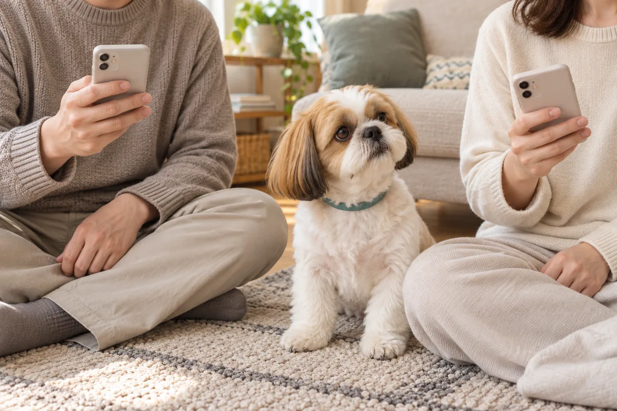 シーズーを囲み、それぞれスマートフォンを持つ家族