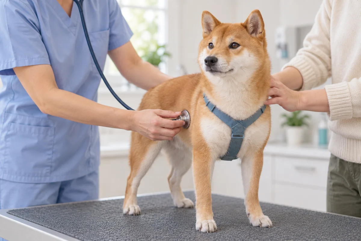 滑りにくい診察台のマット上で、飼い主の付き添いのもと聴診を受ける柴犬