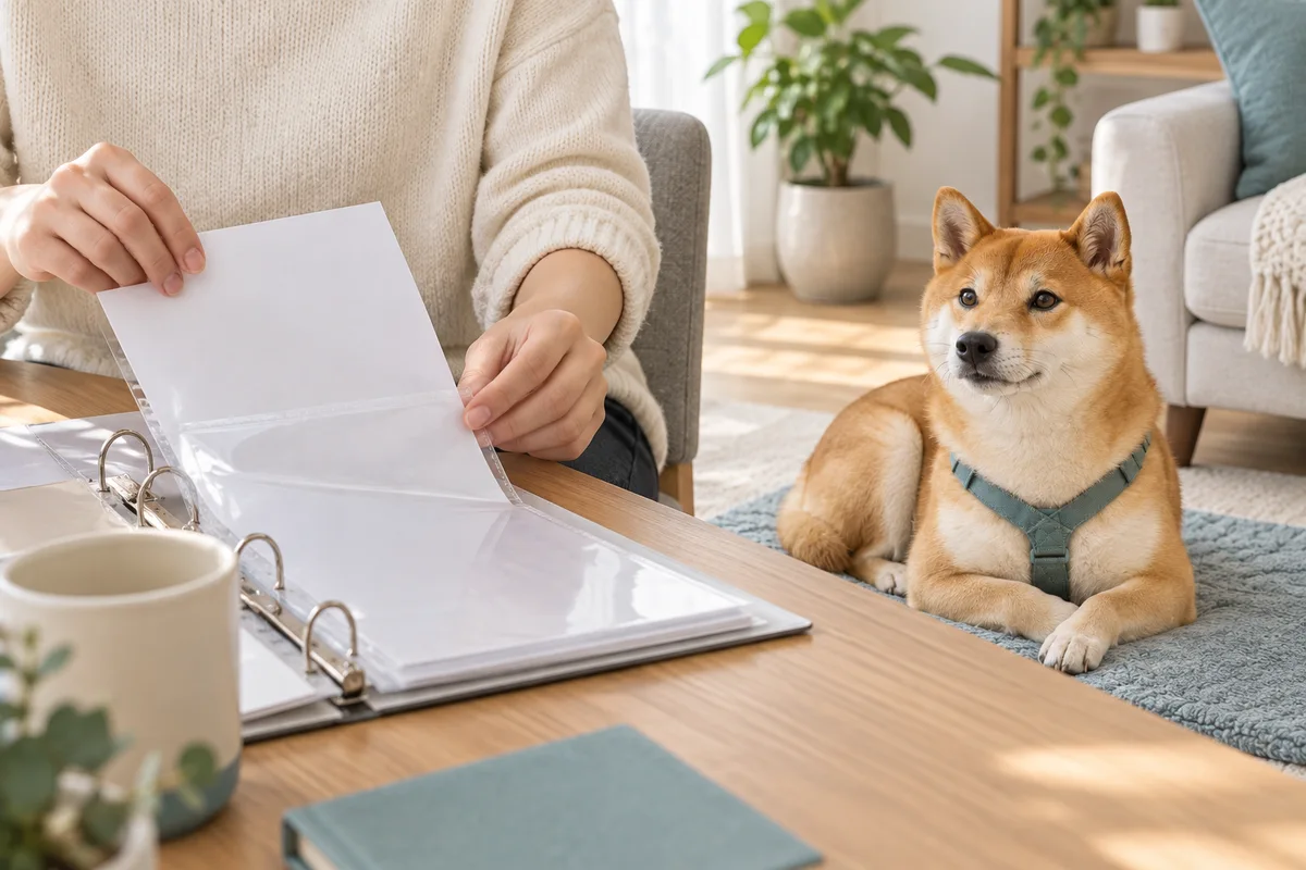 机で書類を透明なファイルに収める飼い主と、そばのマットで休む柴犬