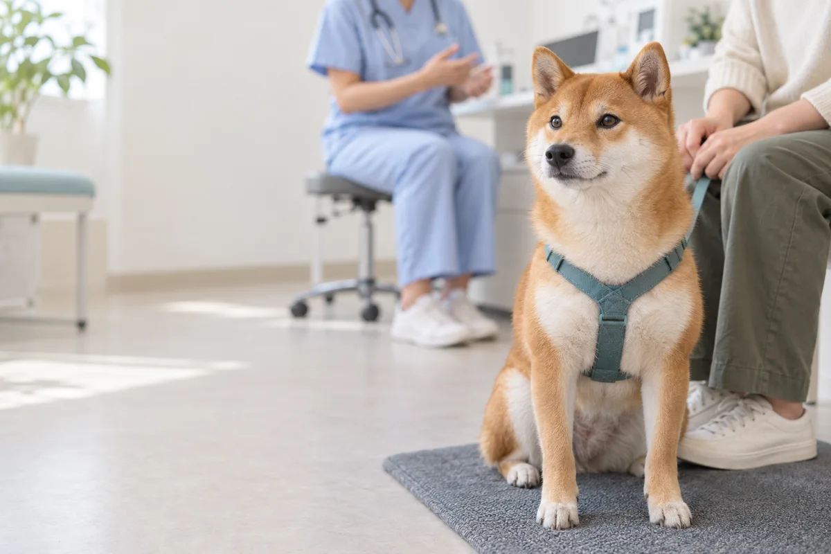 診察室で飼い主のそばに座る、青緑のハーネスを着けた赤毛の柴犬