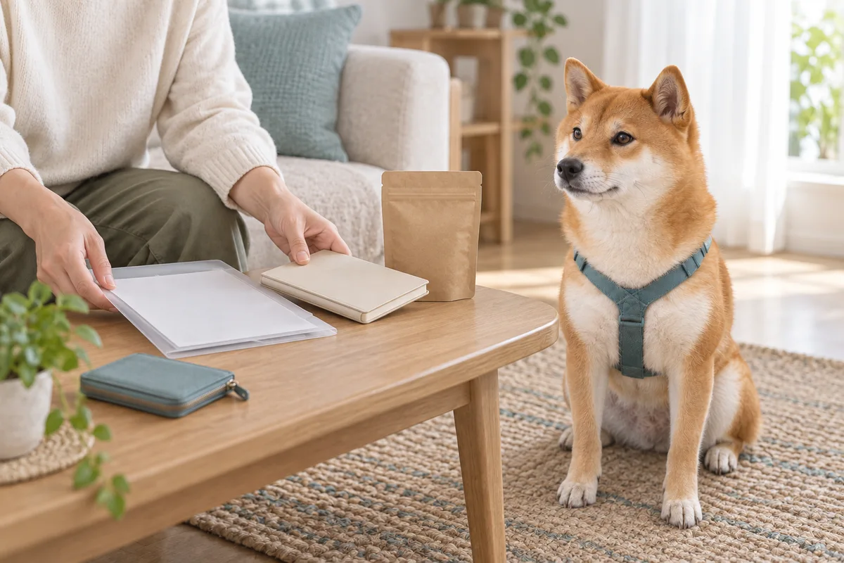 柴犬のそばの机に、ノート、書類入れ、無地のフード袋、カードケースをまとめる飼い主