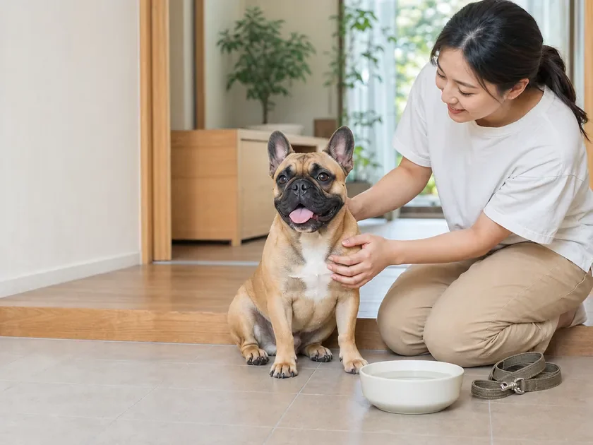室内へ戻ったフレンチ・ブルドッグの様子を水皿のそばで確認する飼い主