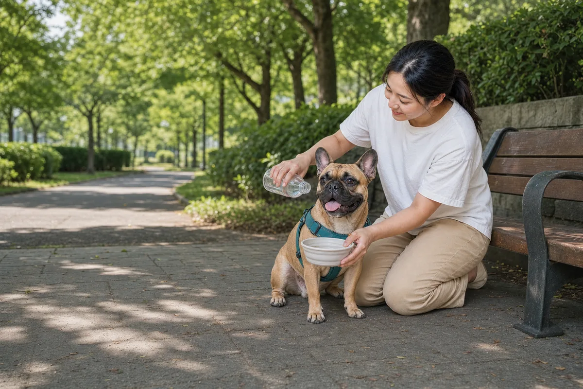 木陰でフレンチ・ブルドッグに水を用意して休憩する飼い主