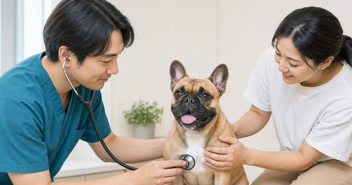 動物病院でフレンチ・ブルドッグの胸に聴診器を当てる獣医師