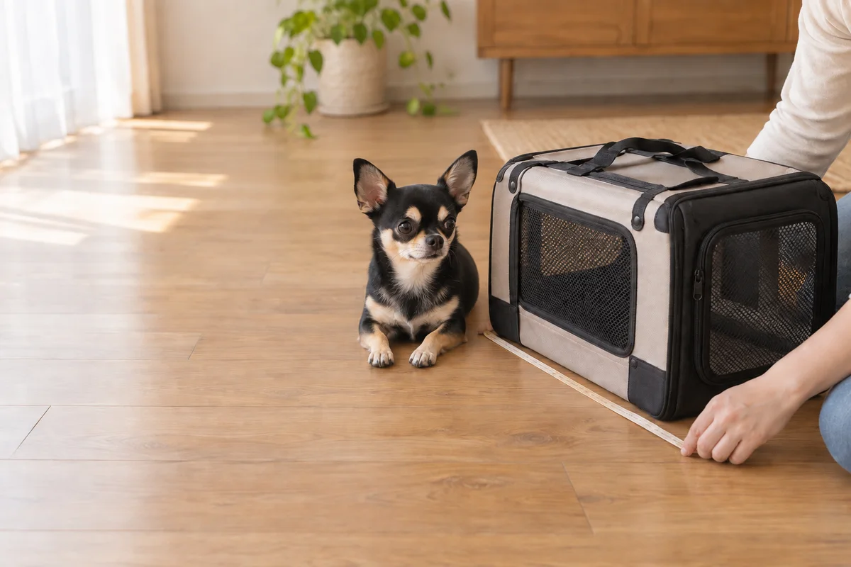 自宅で飼い主が空のペットケースの外寸を巻尺で測り、その横でブラック＆タンのスムースコートチワワが伏せて待つ様子