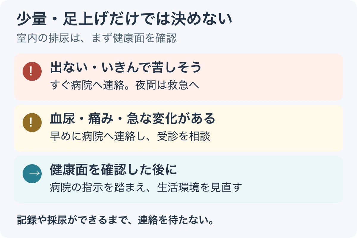 少量や足上げでは決めず、出ない・苦しそうならすぐ連絡し、急な変化も病院に相談する確認図