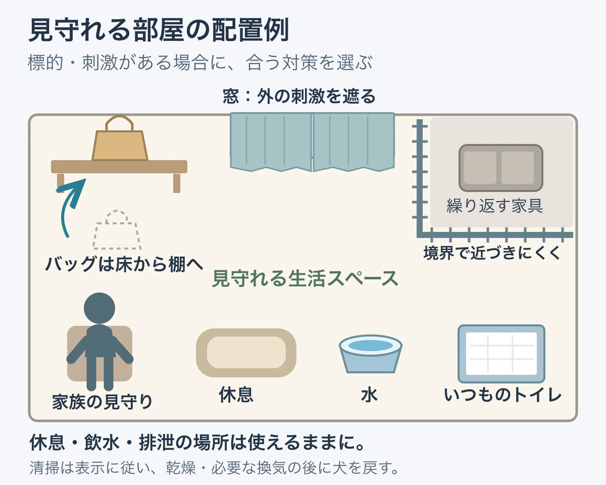 バッグを棚へ移しカーテンと家具側の境界を設け、家族が見守る側に休息場所・水・いつものトイレを残した室内見取り図