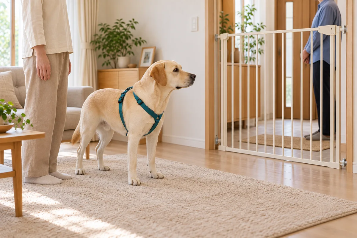閉じたゲートの手前に犬と飼い主がいて、向こう側では来客が離れて待っている