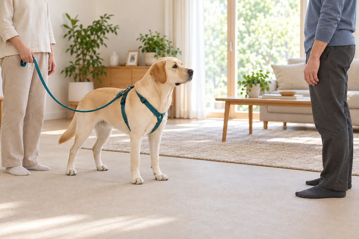 緩んだリードを飼い主が持ち、犬の前では成人の協力者が手を下げて横向きに待っている