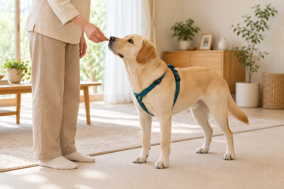 四本の足を床につけた犬が、飼い主から口元で小さな報酬を受け取ろうとしている