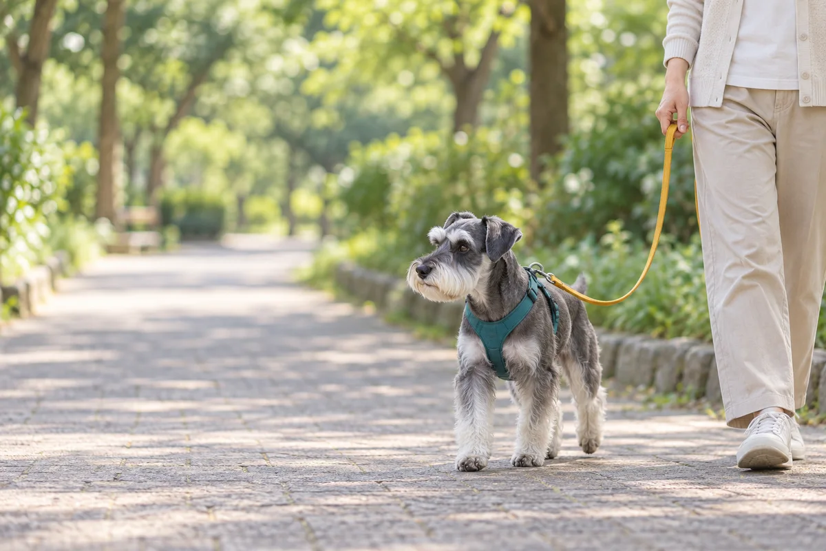 たるんだリードを付け、静かな歩道で飼い主のそばを歩くシュナウザー
