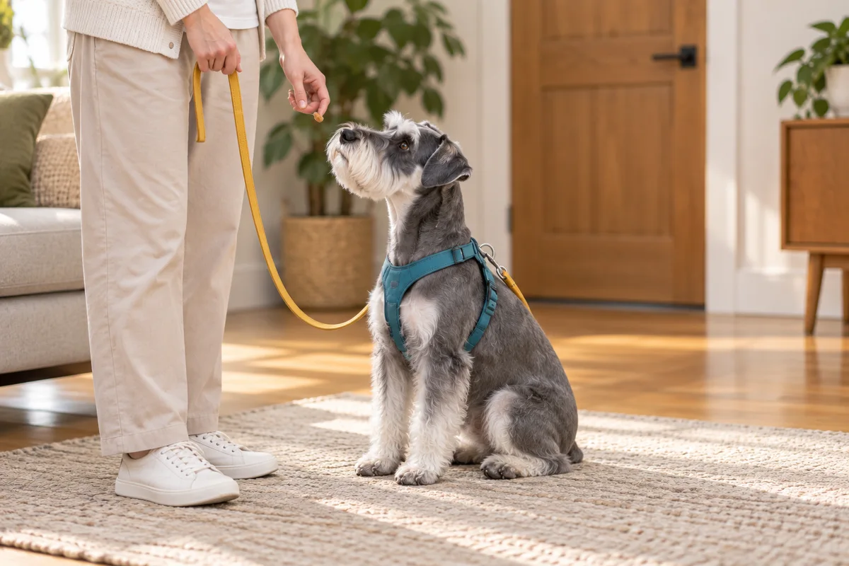 閉じた扉のある室内で、飼い主のそばに座り、報酬へ顔を向ける犬