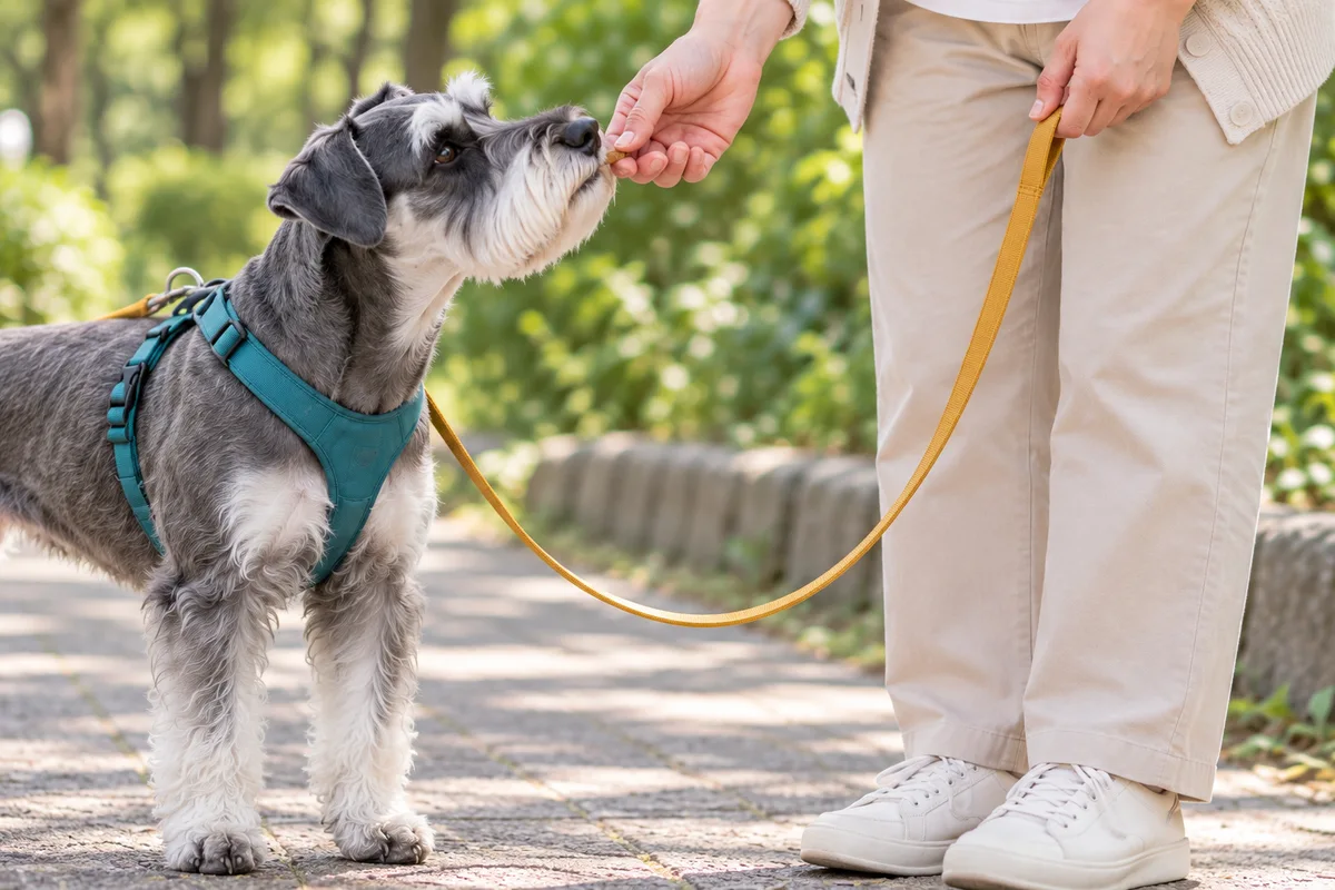 リードにU字のたるみを残したまま、飼い主の近くで小さな報酬を受け取る犬