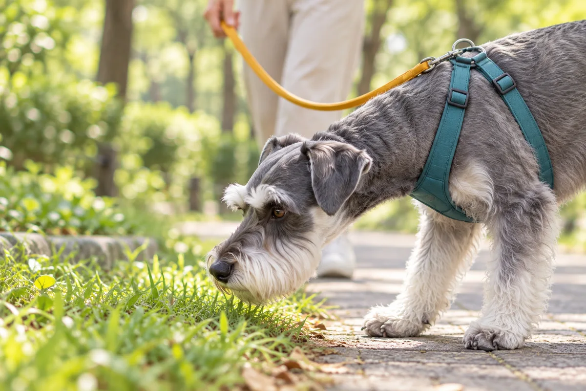 飼い主がリードを保持するそばで、犬が歩道脇の草のにおいを嗅いでいる
