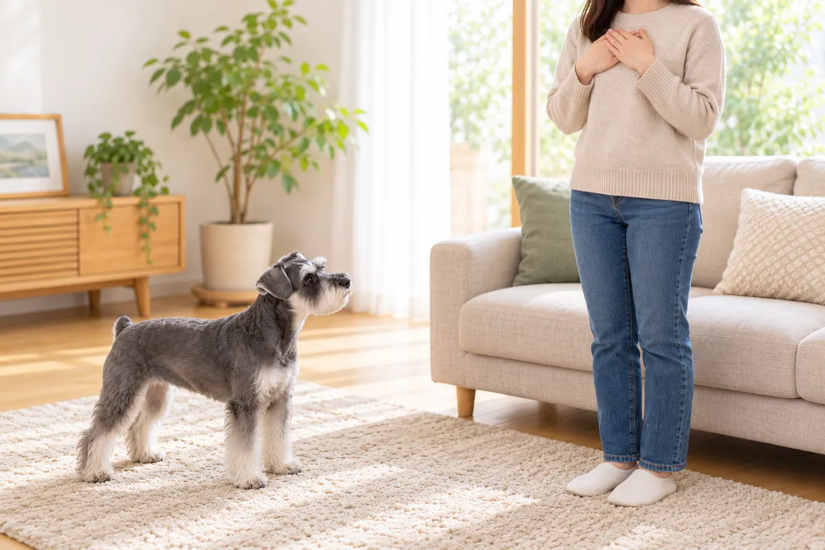 立ち上がって両手を胸元に置く大人と、離れた床に立つ犬