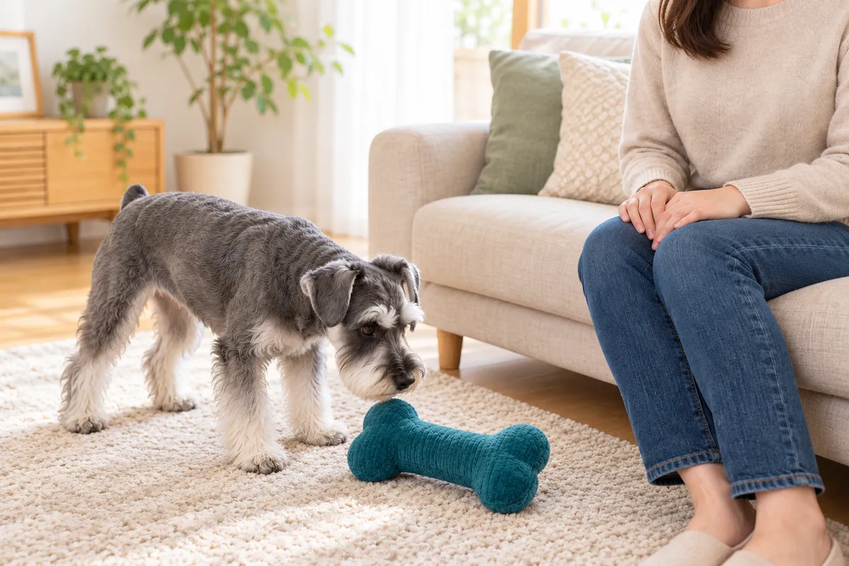 床に置かれた青緑の布製おもちゃへ鼻を近づける犬と、手を膝に置く大人