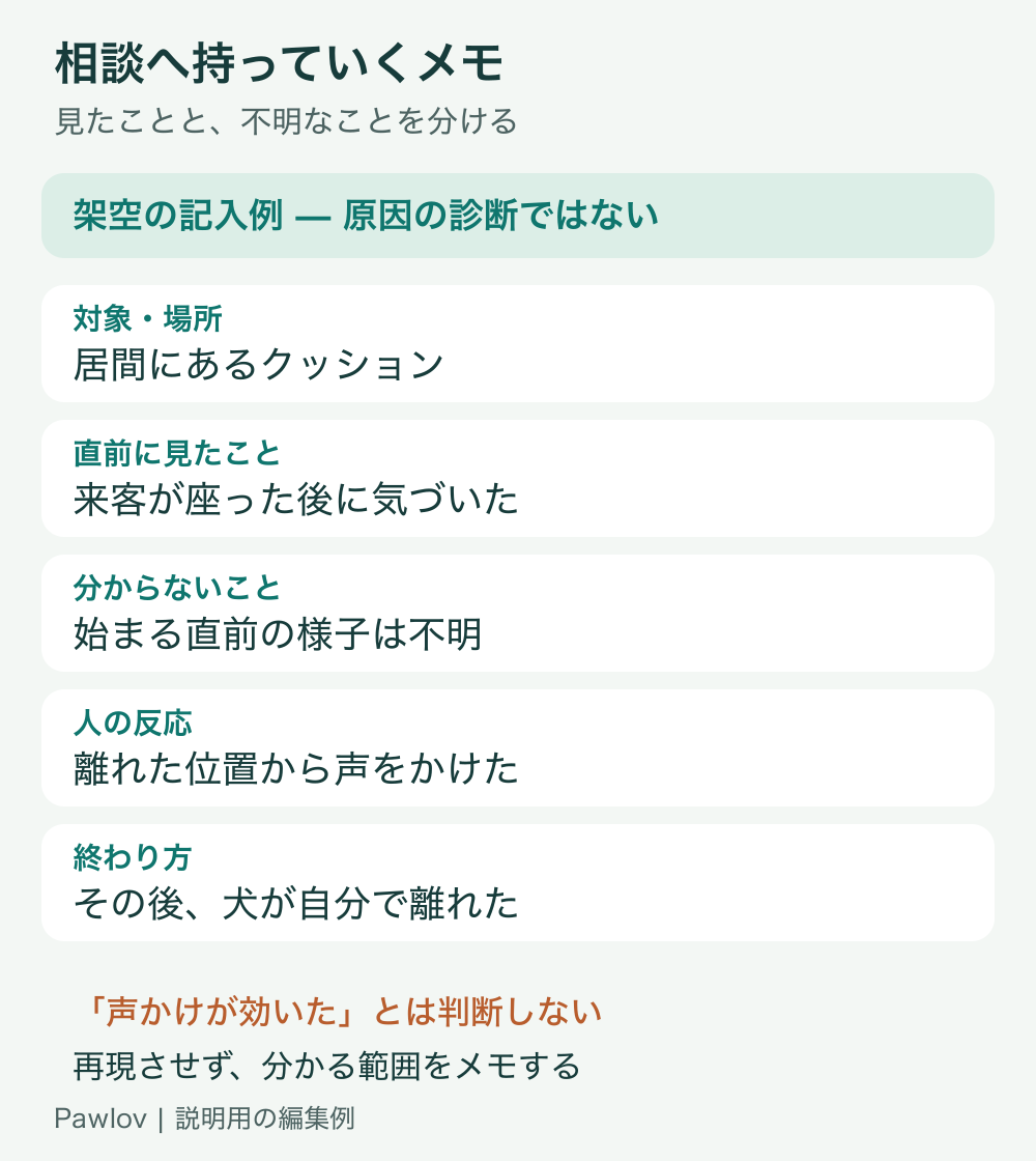 架空の記入例。居間のクッションが対象、来客が座った後に気づいたが開始直前は不明、人は声をかけ、犬はその後自分で離れたと分けて記録