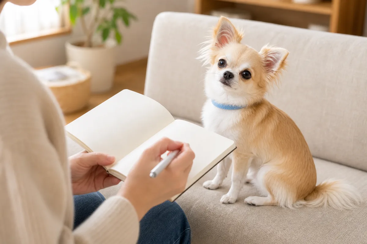 ノートに名前の候補を書きながらチワワを見つめる飼い主