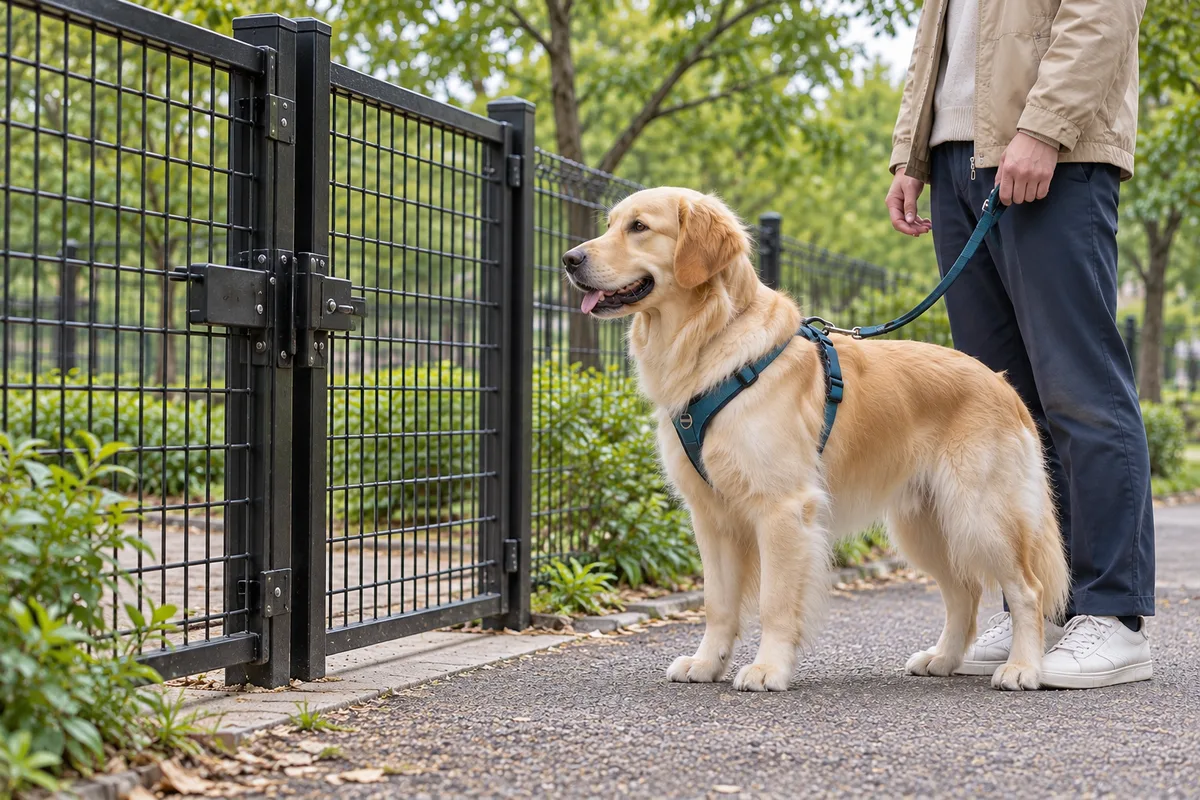 リードを保持した飼い主と犬が、閉じたゲートの外で待つ様子