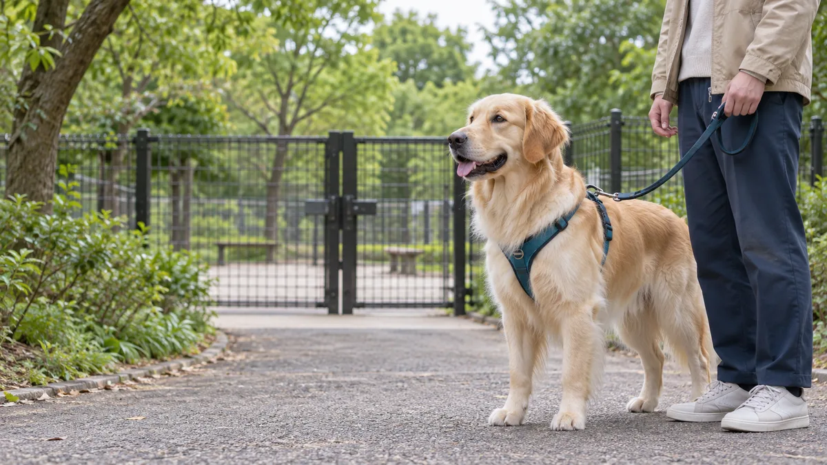 リードをつけたゴールデン・レトリーバーと飼い主が、閉じたドッグラン入口の外で待つ