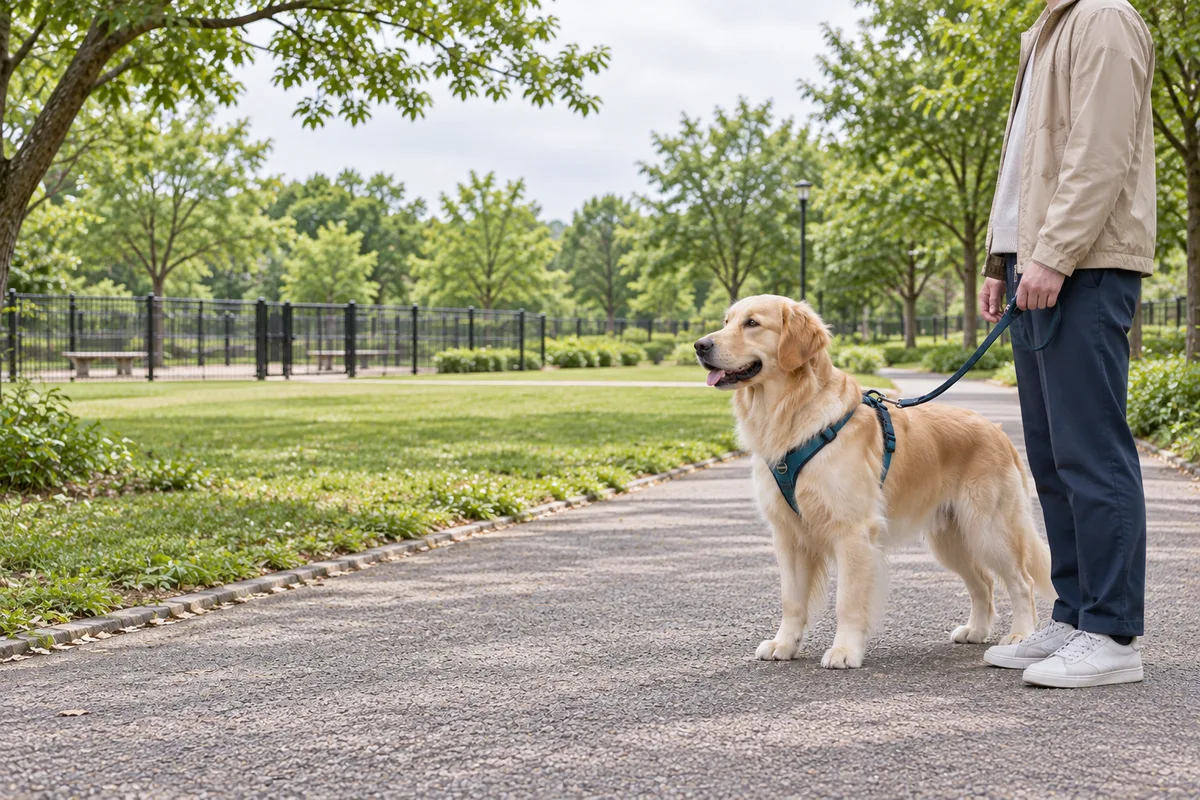 ドッグランの柵から距離を取り、リードをつけたまま周囲を見る犬と飼い主