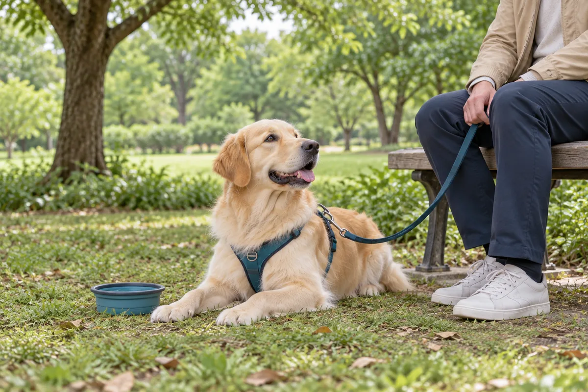 ドッグランを離れた静かな木陰で、リードをつけた犬が飼い主のそばで休む