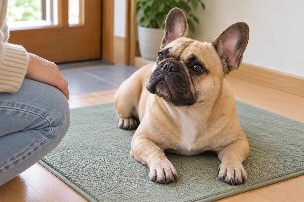 前足をマットにつけた犬のそばで、飼い主が手を伸ばさず待つ
