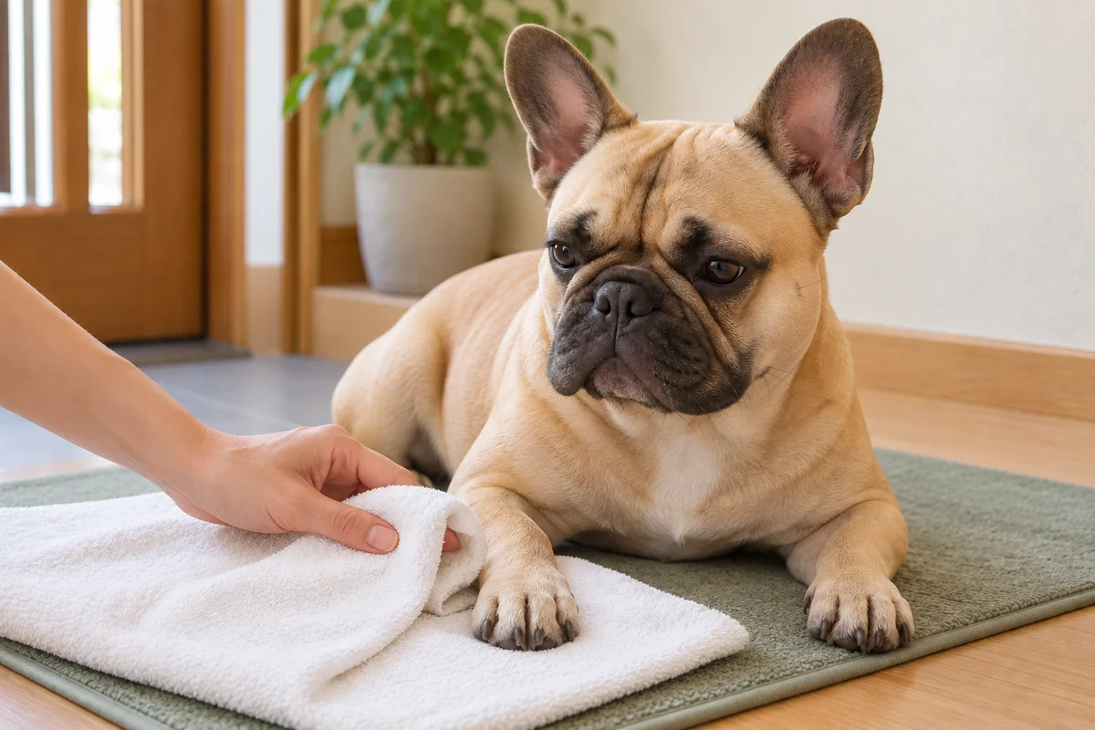 床に置いたタオルに前足をのせ、飼い主が布の端を足のそばへ寄せる