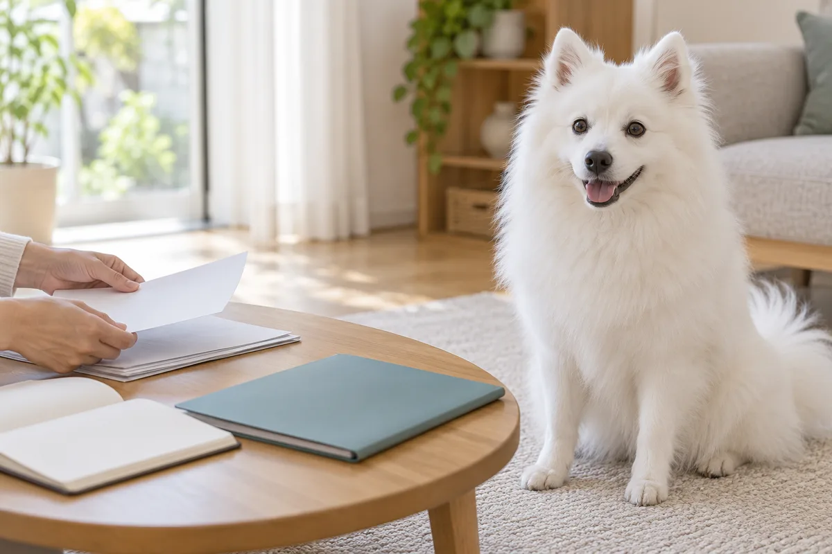 書類を整理する飼い主の手元と、そのそばで座る白い日本スピッツ