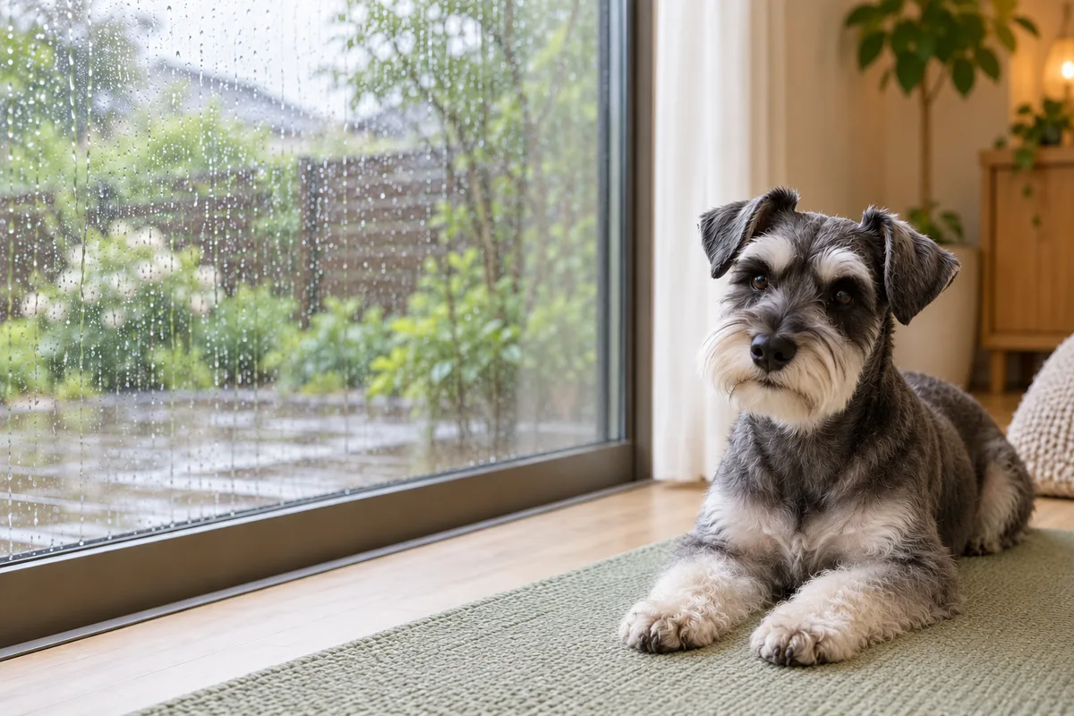 雨粒のついた窓のそばで、マットに伏せて休むミニチュア・シュナウザー