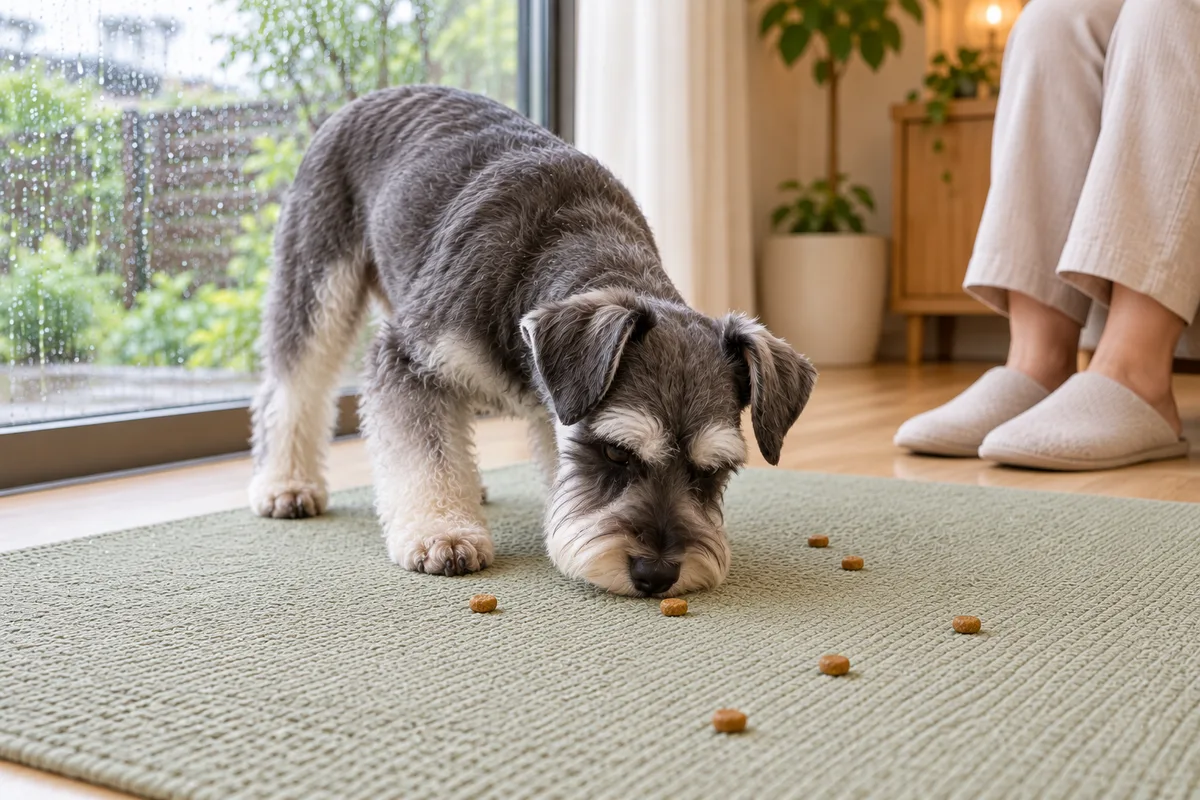 飼い主が見守る中、平らなマットに置いたフードを鼻で探す犬