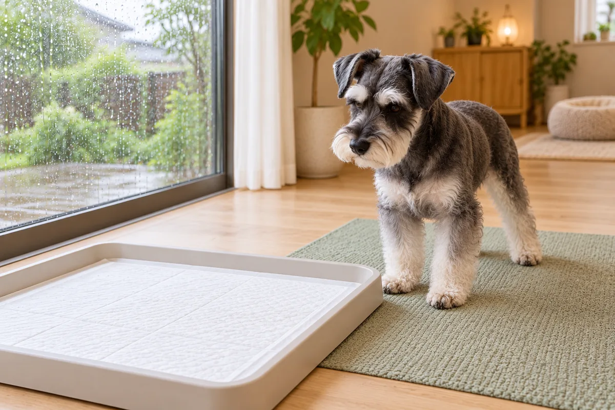 寝床と離して置いた大きめのトイレトレーを、手前から確認する犬